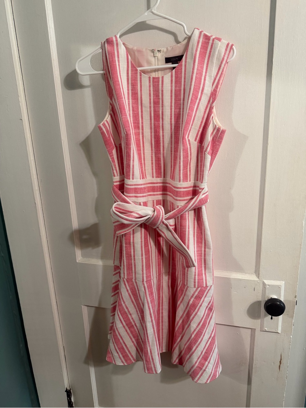 J. Crew Red and White Striped Linen Blend Flounce Dress